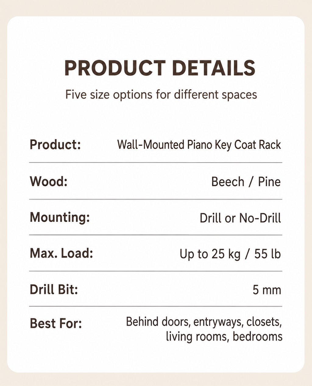 Piano key wall coat rack product details and mounting options