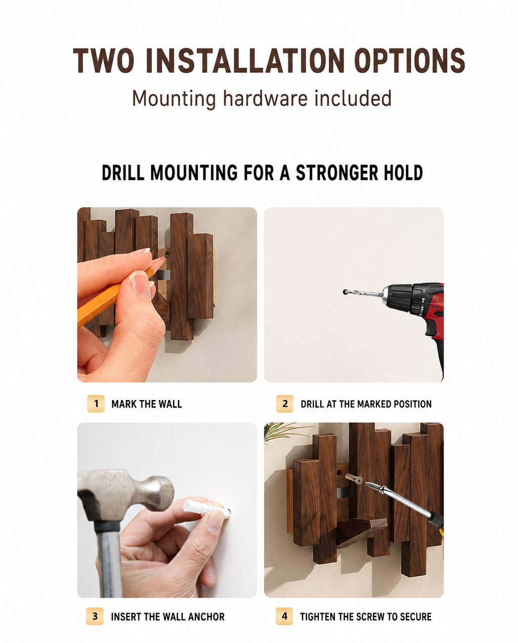 Step-by-step drill mounting guide for the piano key coat rack