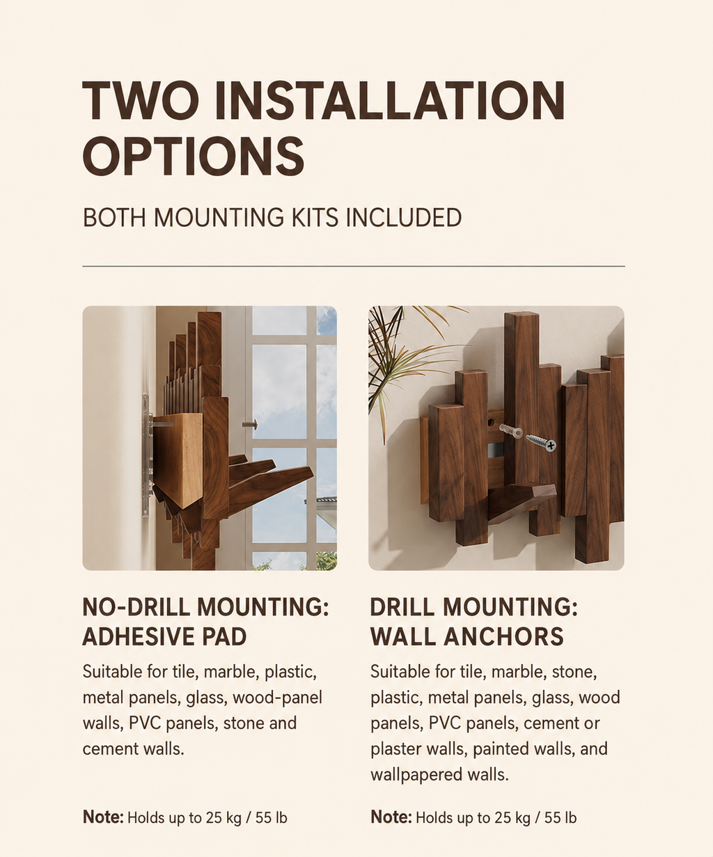 No-drill adhesive and drill mounting options for the wall coat rack