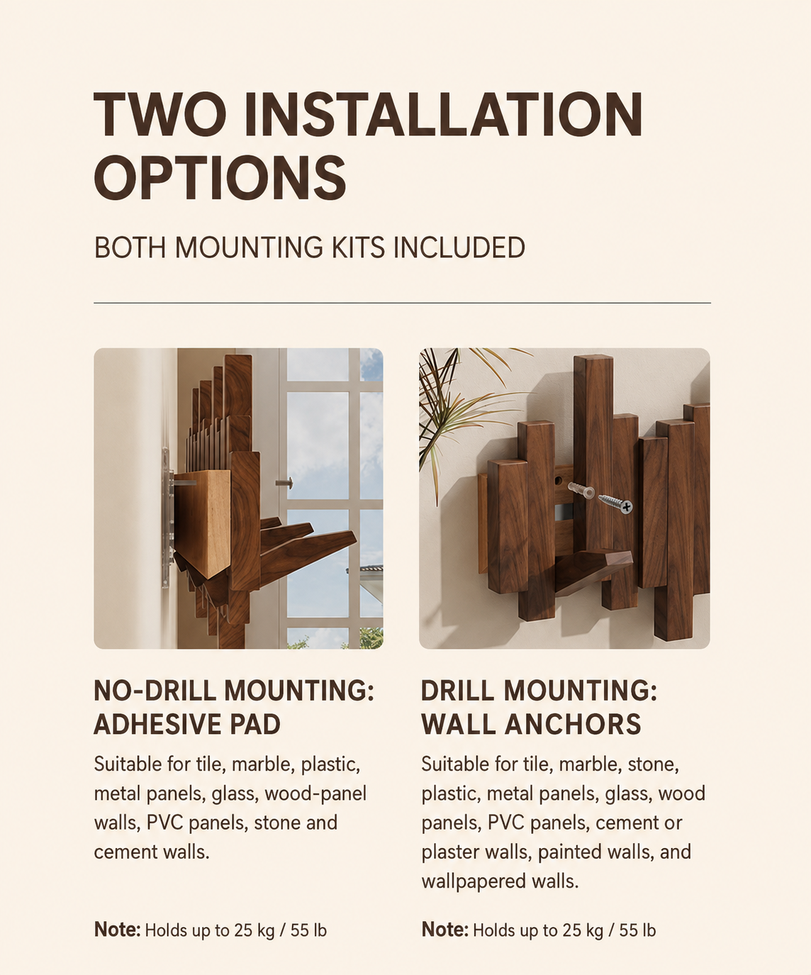 No-drill adhesive and drill mounting options for the wall coat rack
