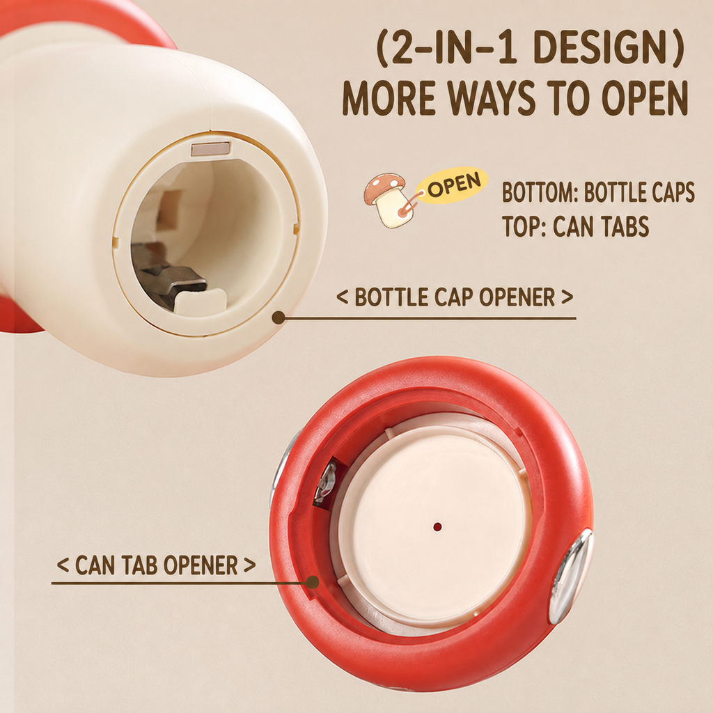 Mushroom opener underside showing bottle cap and can tab functions