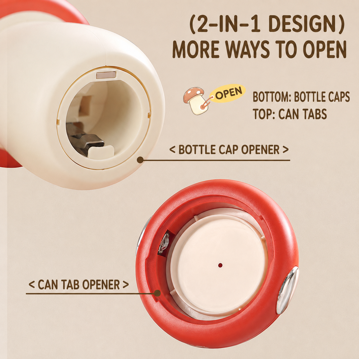 Mushroom opener underside showing bottle cap and can tab functions