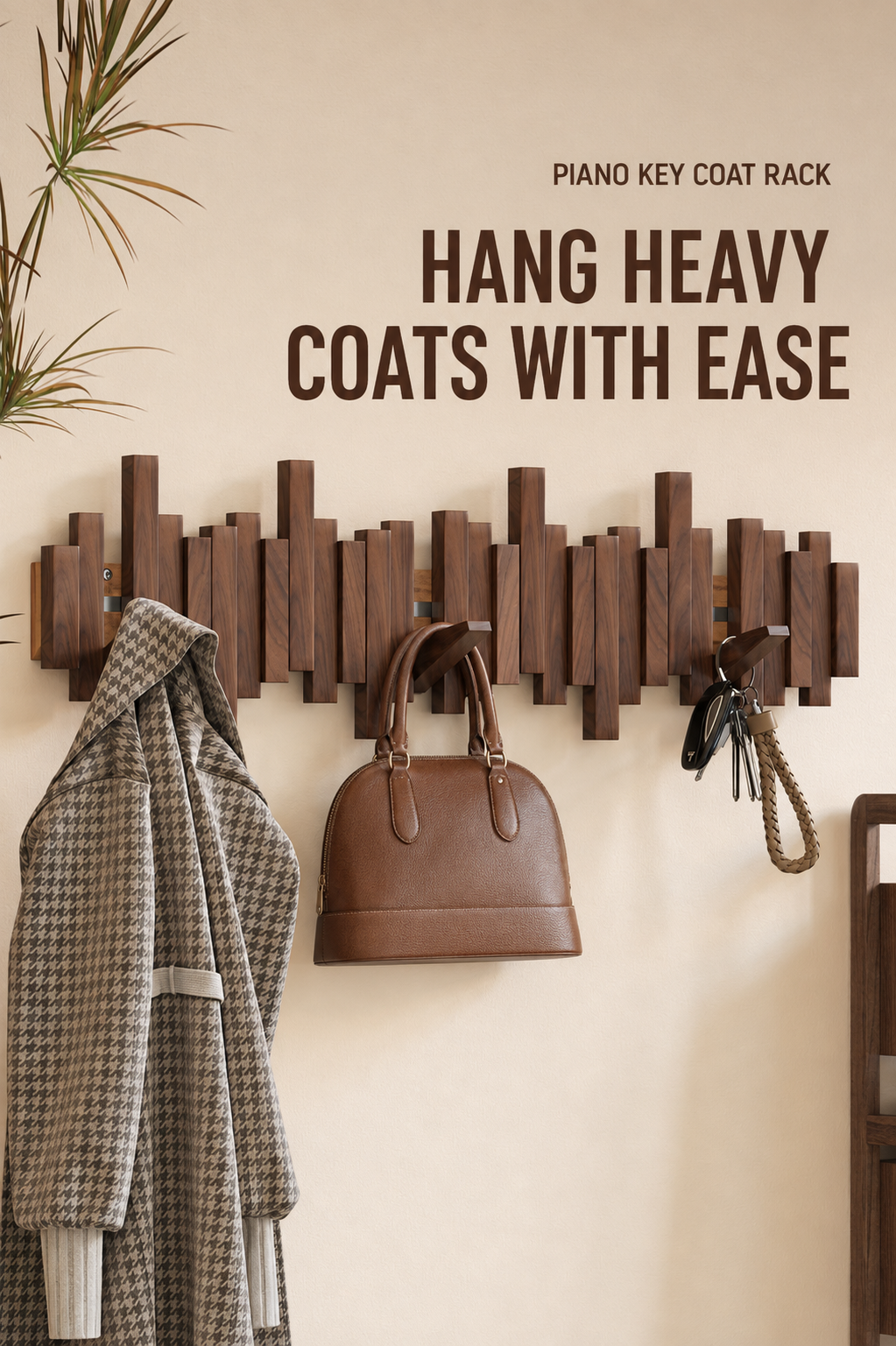 Piano key wall coat rack holding a coat, handbag and keys