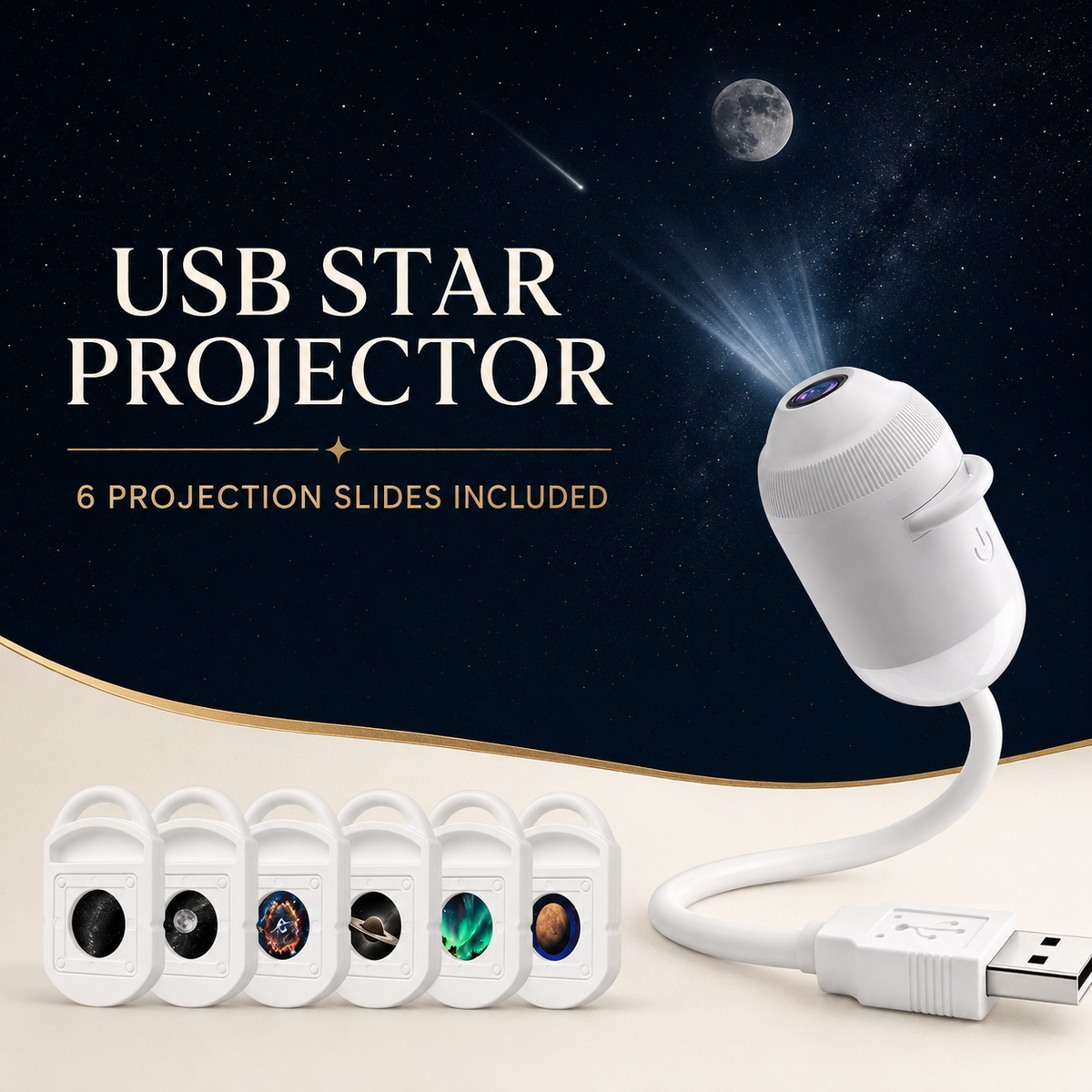 USB star projector with 6 projection slides included