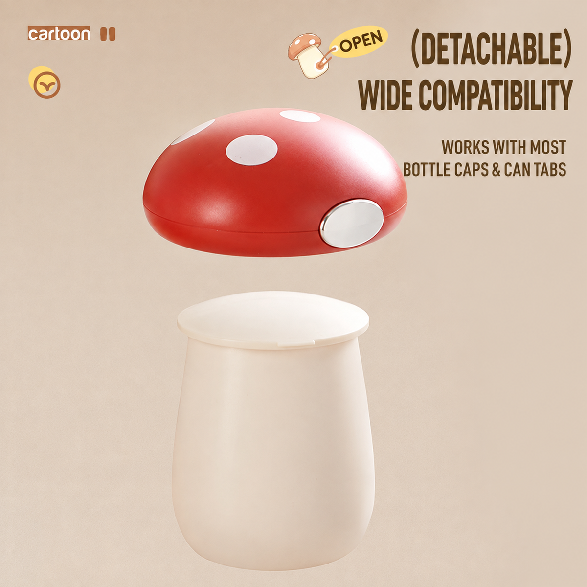 Detachable mushroom opener with red cap and cream base
