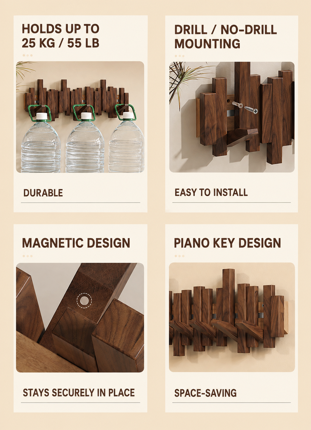 Piano key coat rack features including magnetic folding hooks