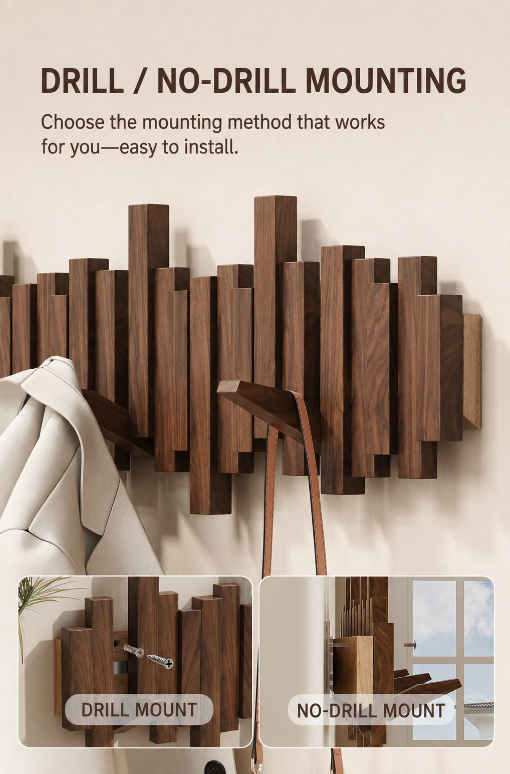 Drill and no-drill mounting methods for the piano key coat rack