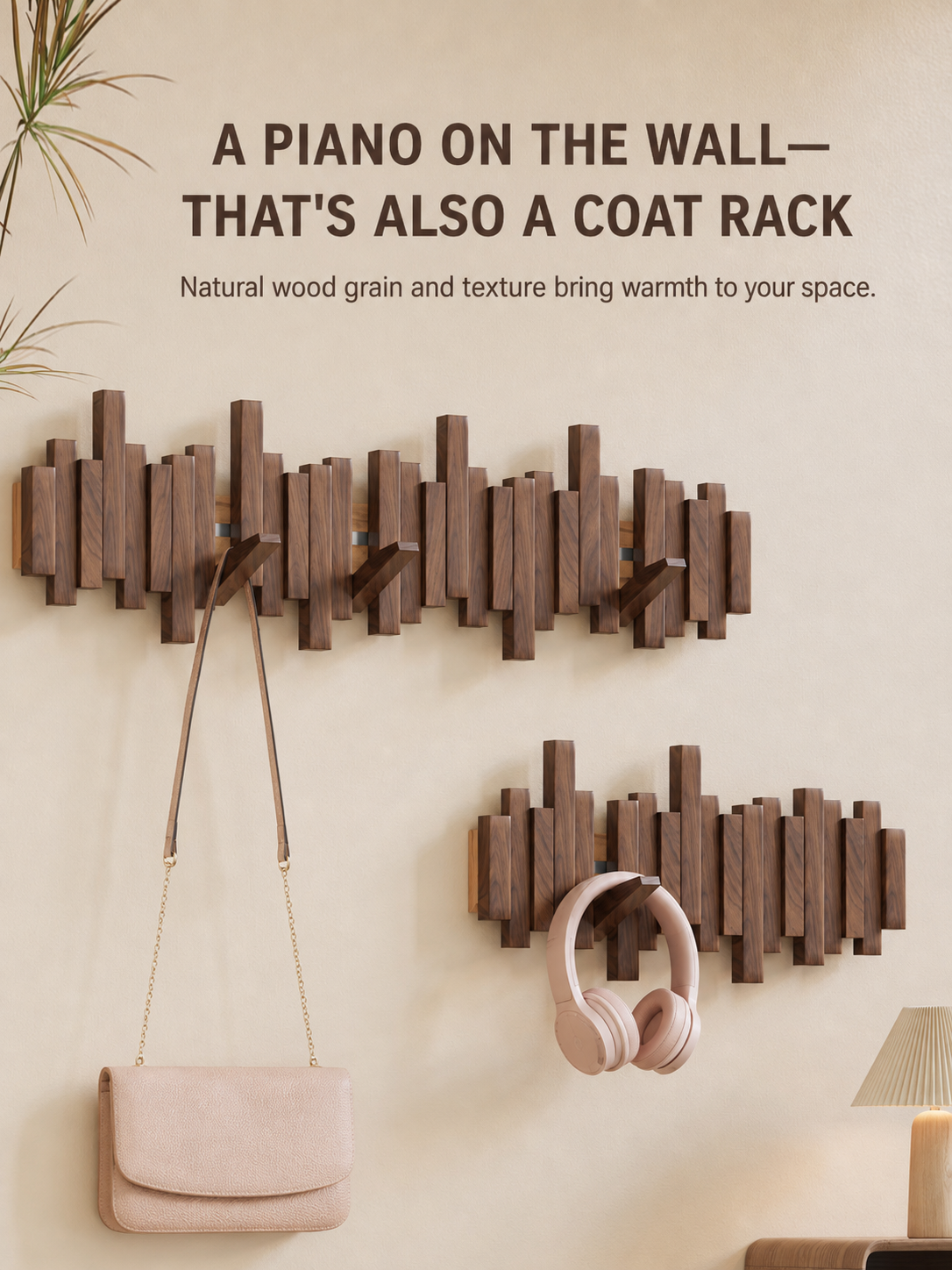 Wooden piano key coat racks styled on a warm interior wall