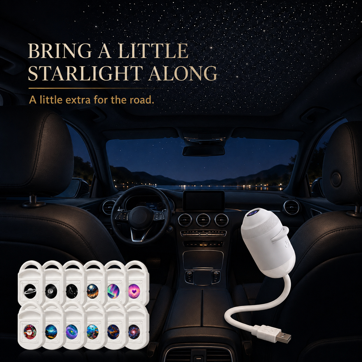 USB star projector creating a decorative starry car headliner in a parked car at night