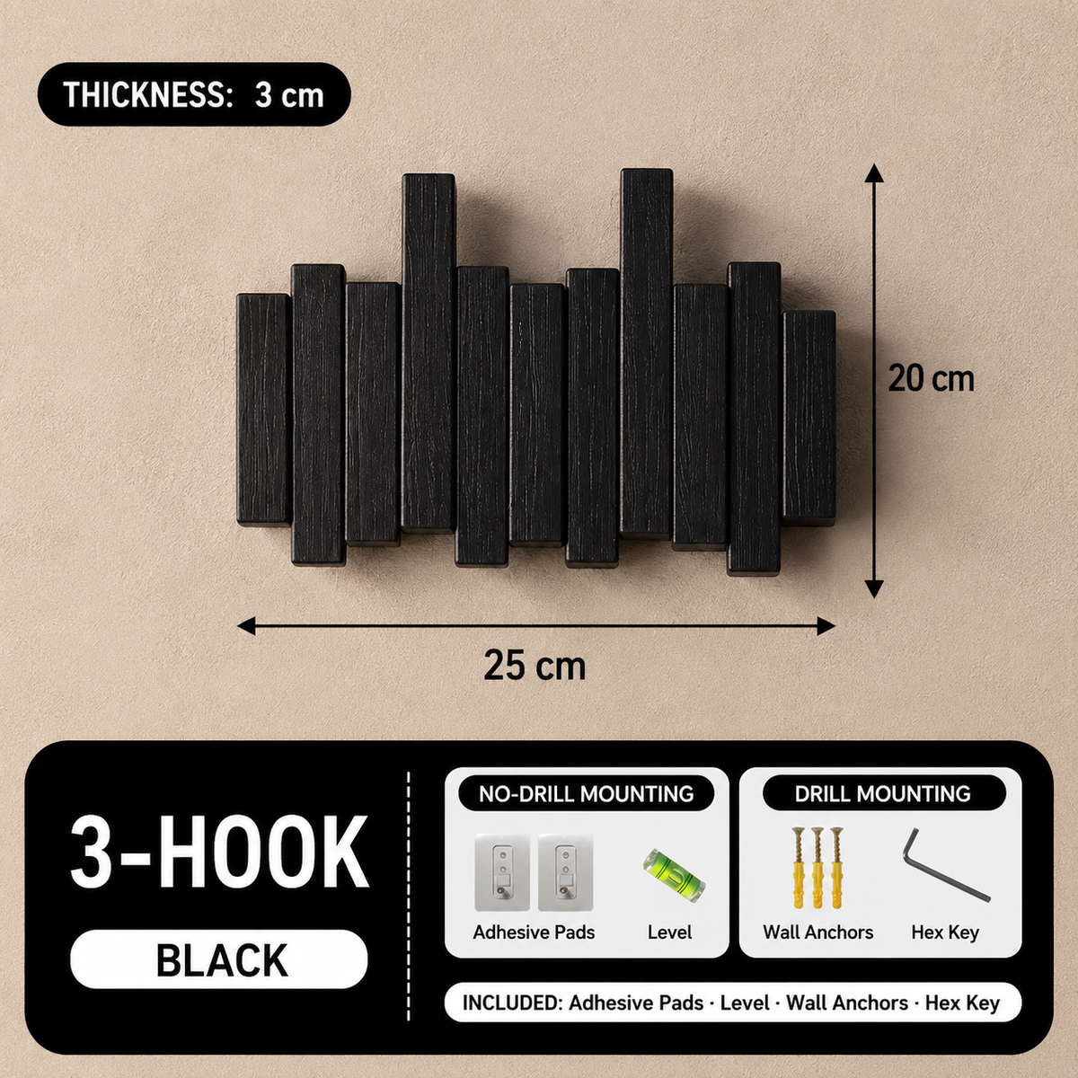 Black 3-hook piano key wall coat rack, 25 by 20 cm