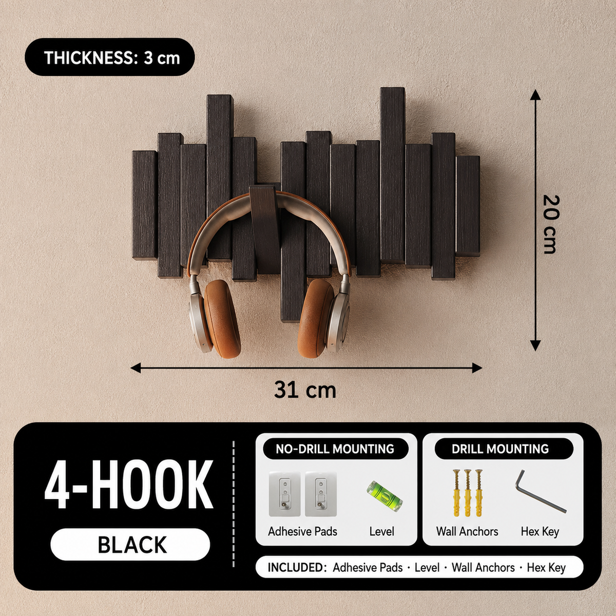 Black 4-hook piano key wall coat rack, 31 by 20 cm