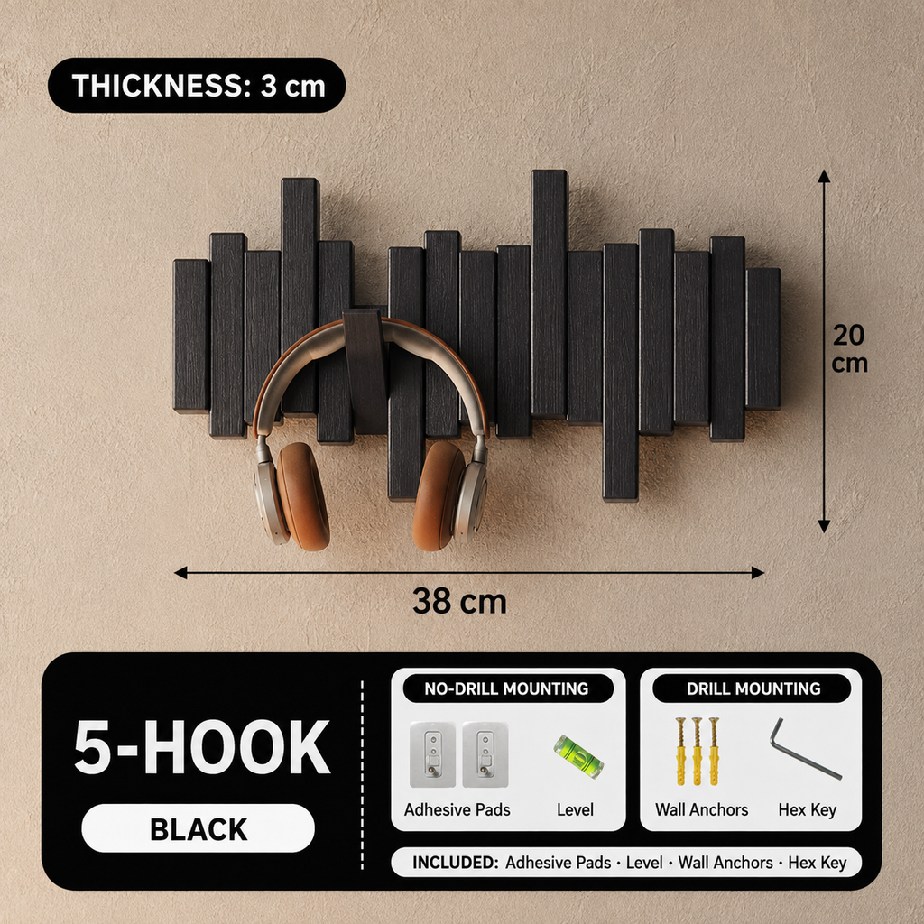 Black 5-hook piano key wall coat rack, 38 by 20 cm