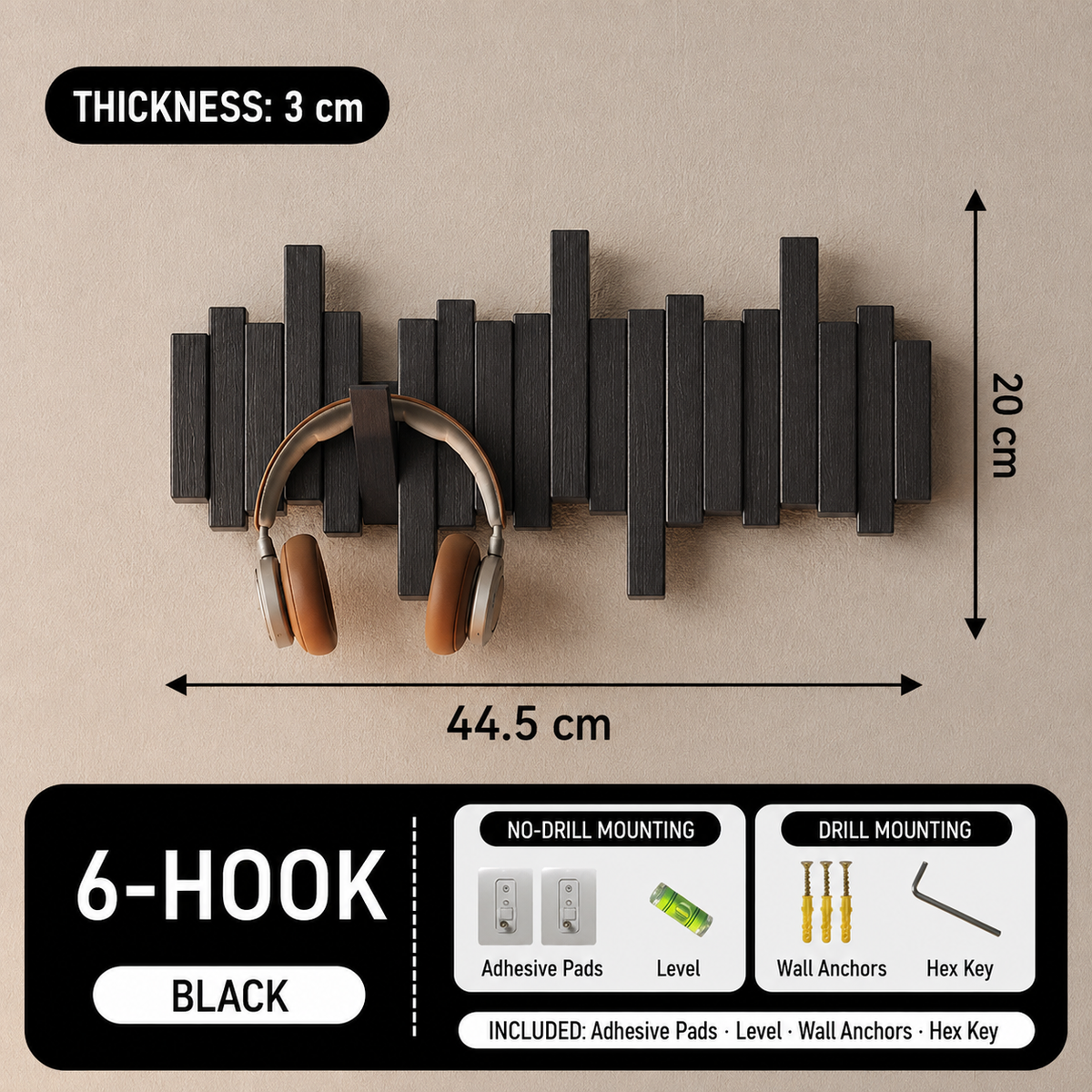Black 6-hook piano key wall coat rack, 44.5 by 20 cm