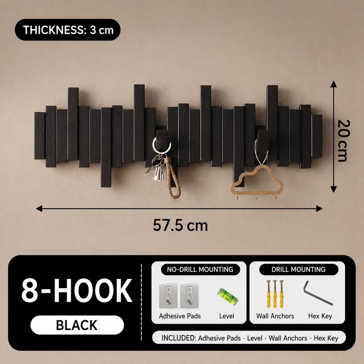 Black 8-hook piano key wall coat rack, 57.5 by 20 cm
