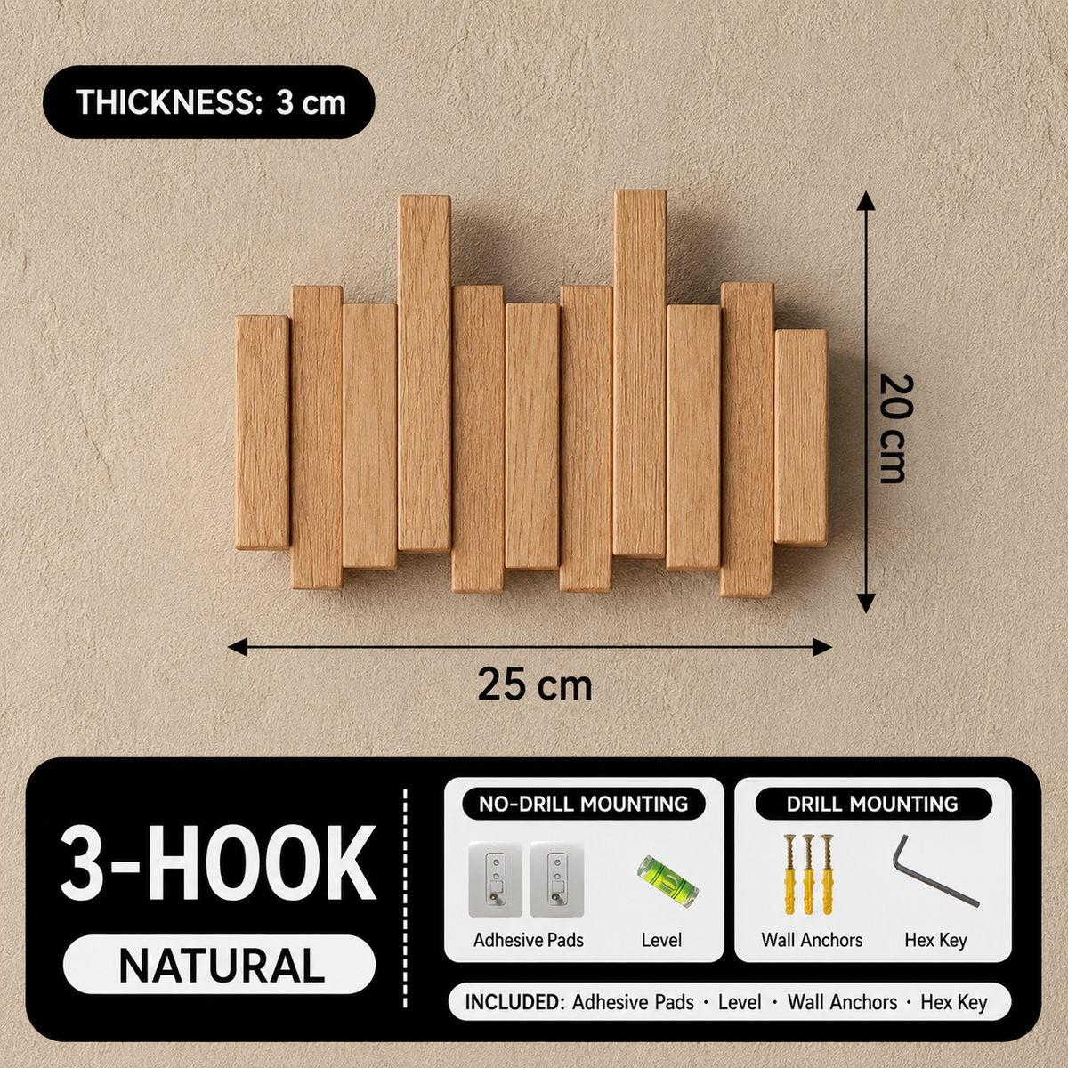 Natural 3-hook piano key wall coat rack, 25 by 20 cm
