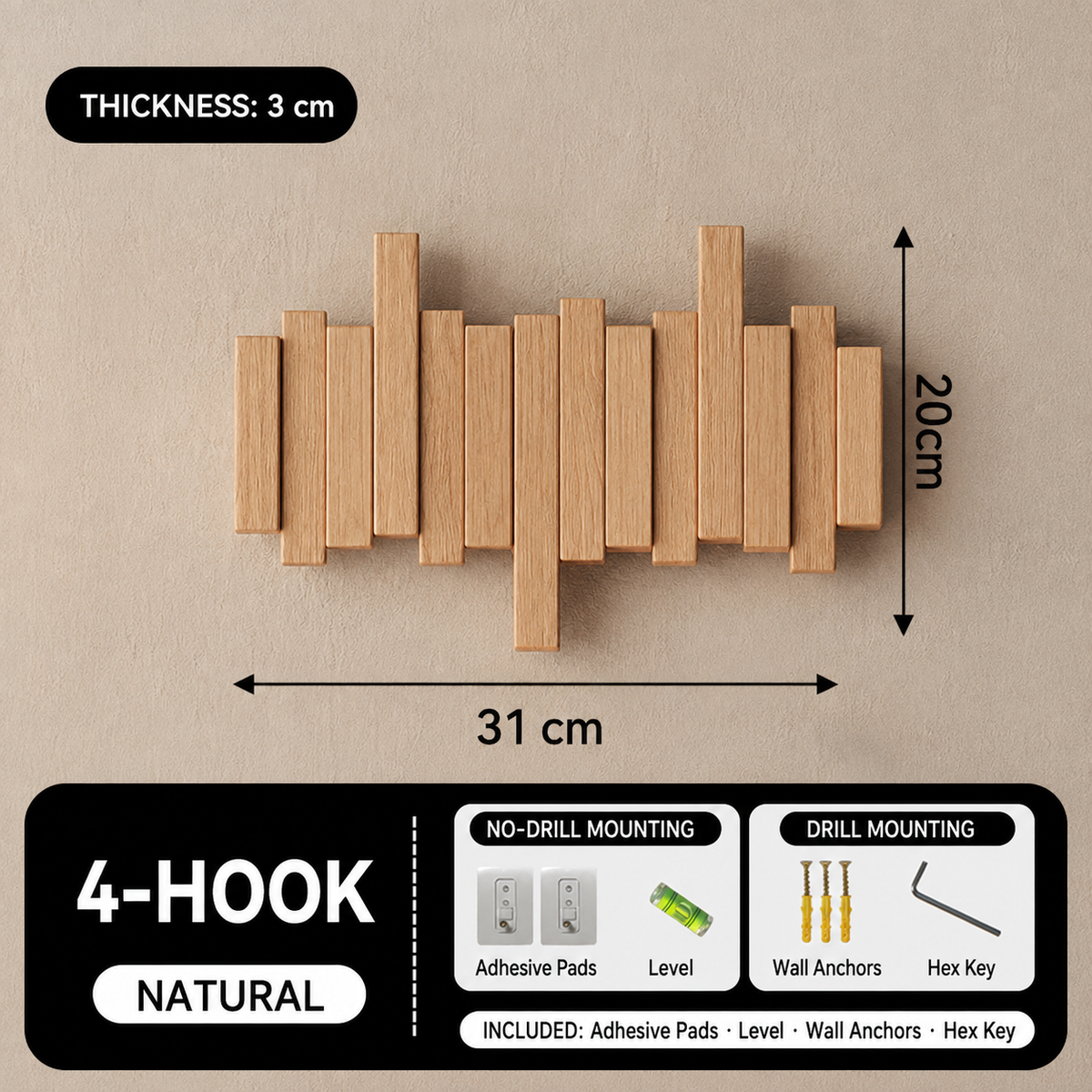 Natural 4-hook piano key wall coat rack, 31 by 20 cm