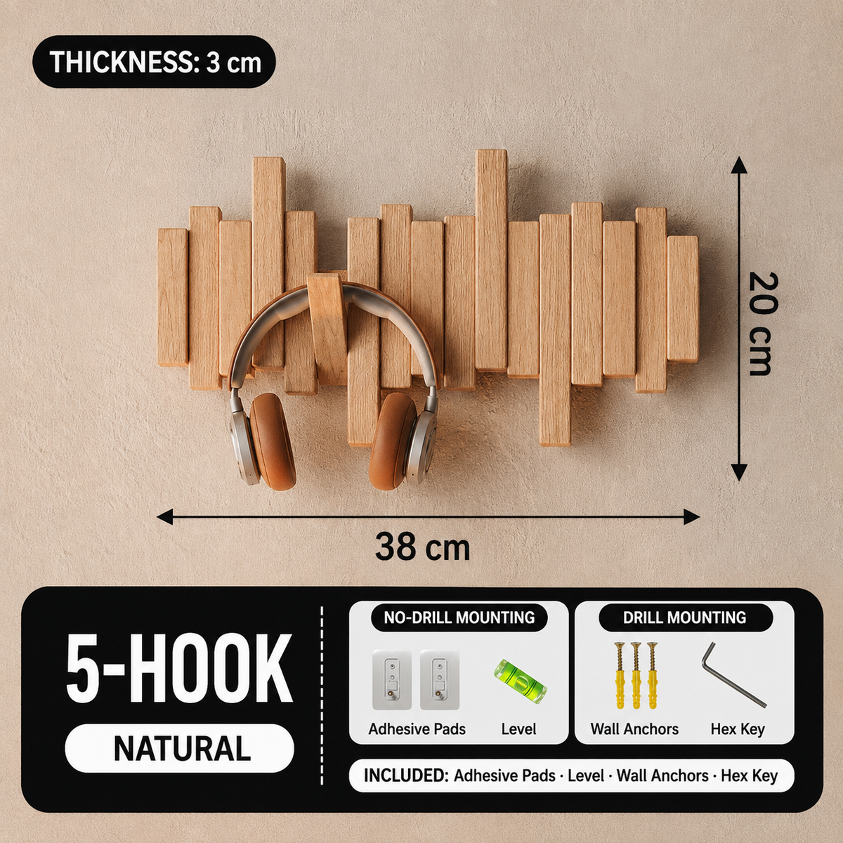 Natural 5-hook piano key wall coat rack, 38 by 20 cm