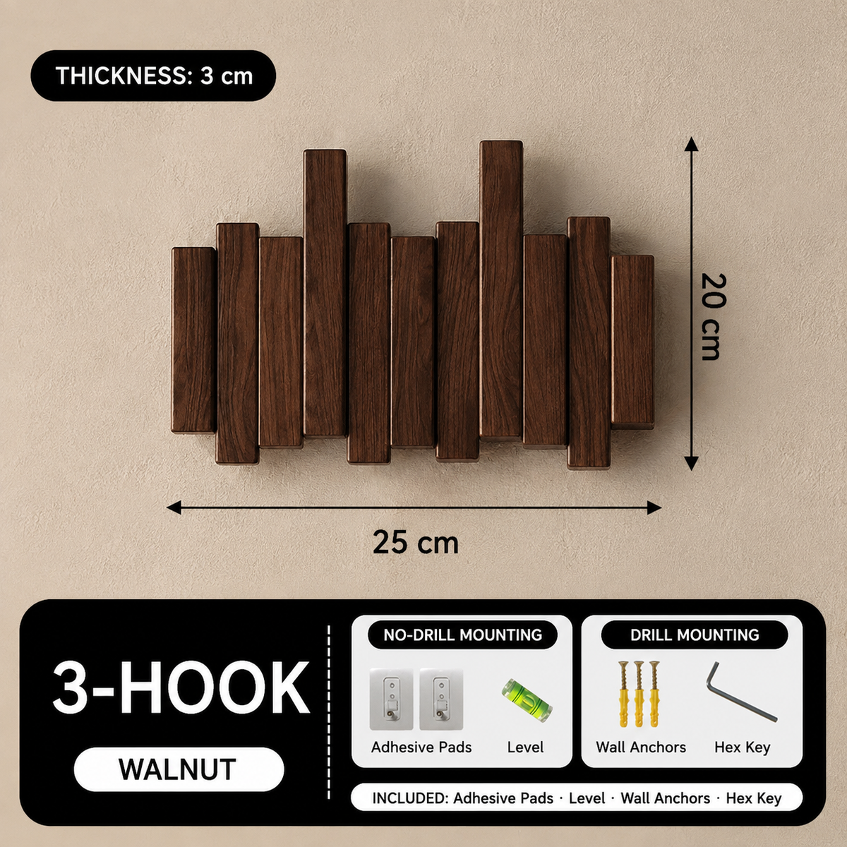Walnut 3-hook piano key wall coat rack, 25 by 20 cm