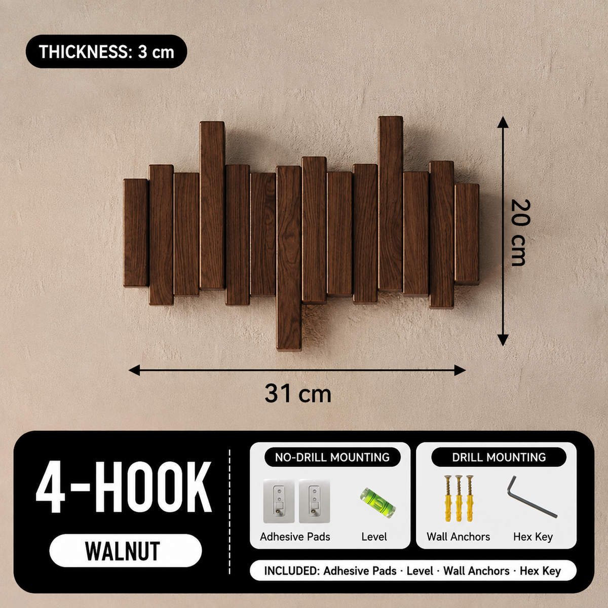 Walnut 4-hook piano key wall coat rack, 31 by 20 cm