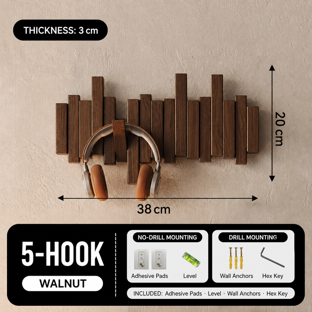 Walnut 5-hook piano key wall coat rack, 38 by 20 cm