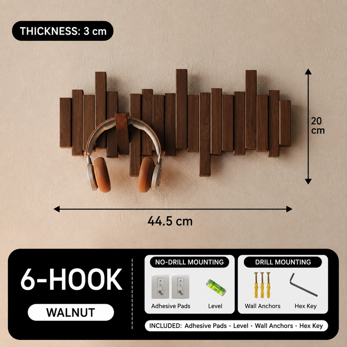 Walnut 6-hook piano key wall coat rack, 44.5 by 20 cm