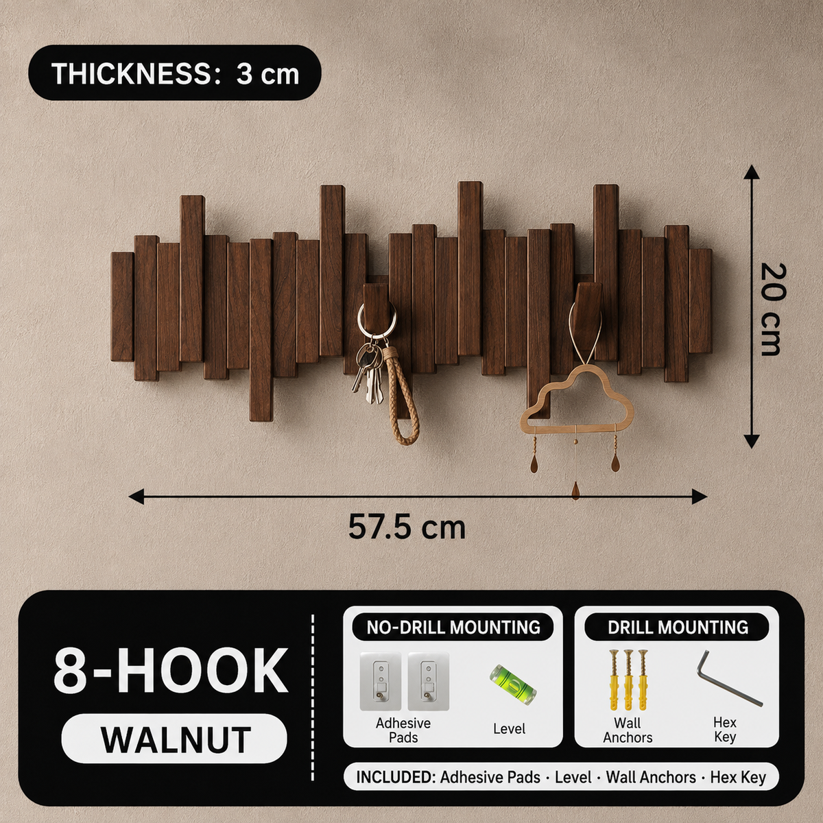 Walnut 8-hook piano key wall coat rack, 57.5 by 20 cm