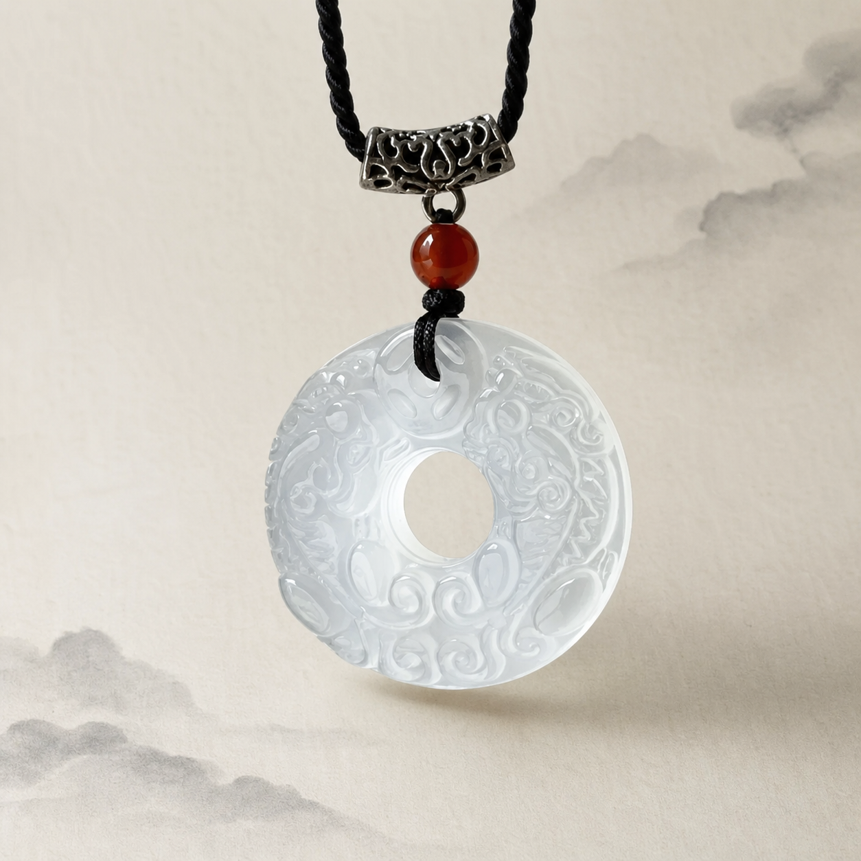 White Chalcedony Twin Pixiu Peace Ring Pendant — Zenara view 1