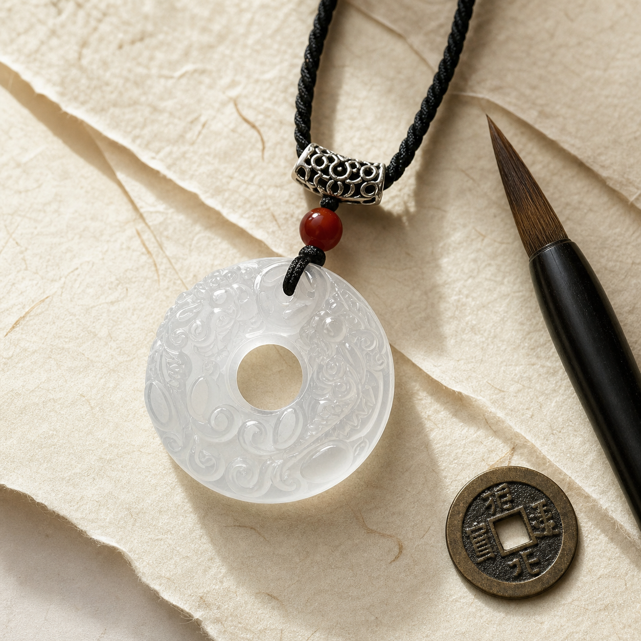 White Chalcedony Twin Pixiu Peace Ring Pendant — Zenara view 2
