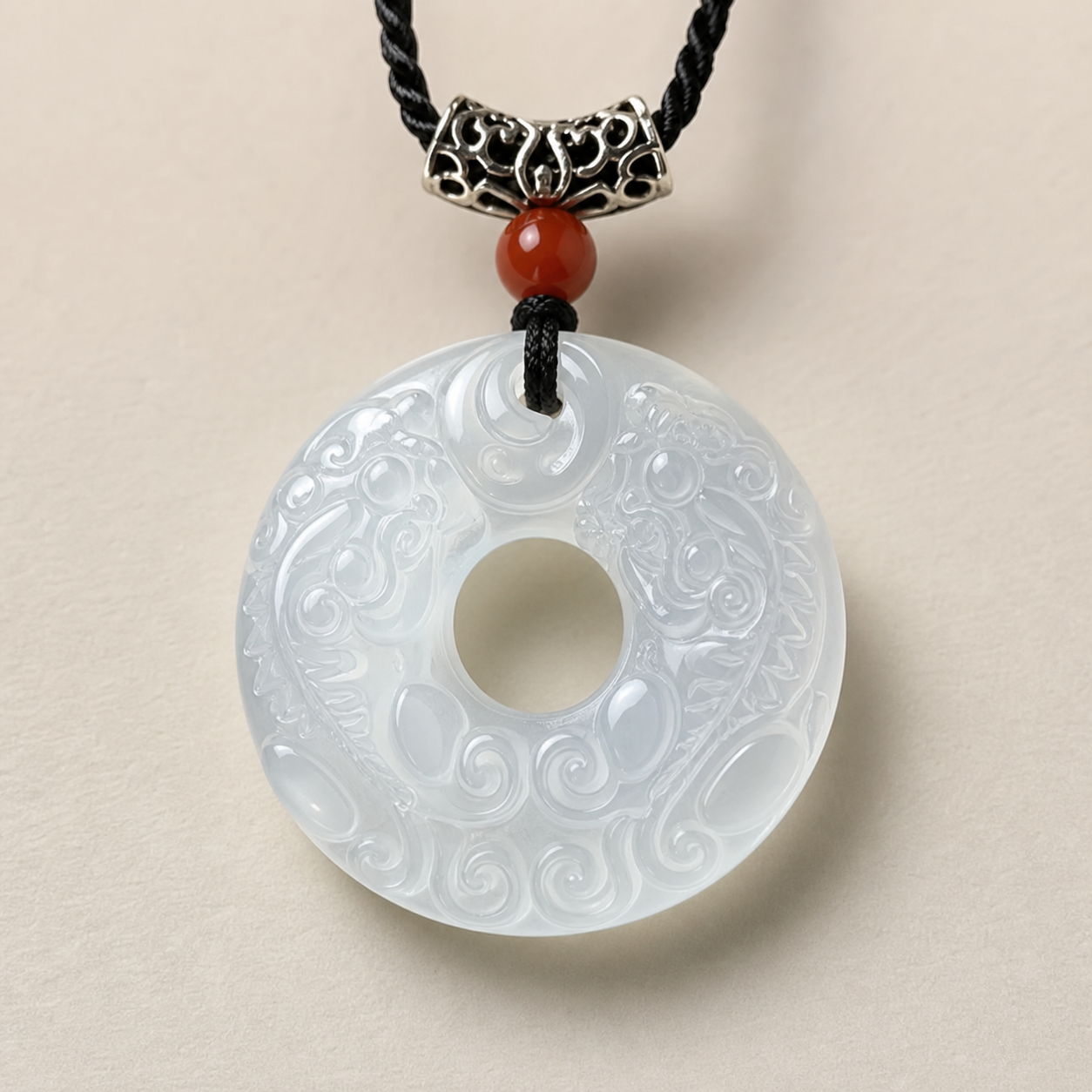 White Chalcedony Twin Pixiu Peace Ring Pendant — Zenara view 3