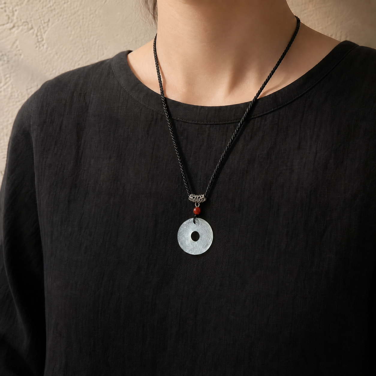 White Chalcedony Twin Pixiu Peace Ring Pendant — Zenara view 4