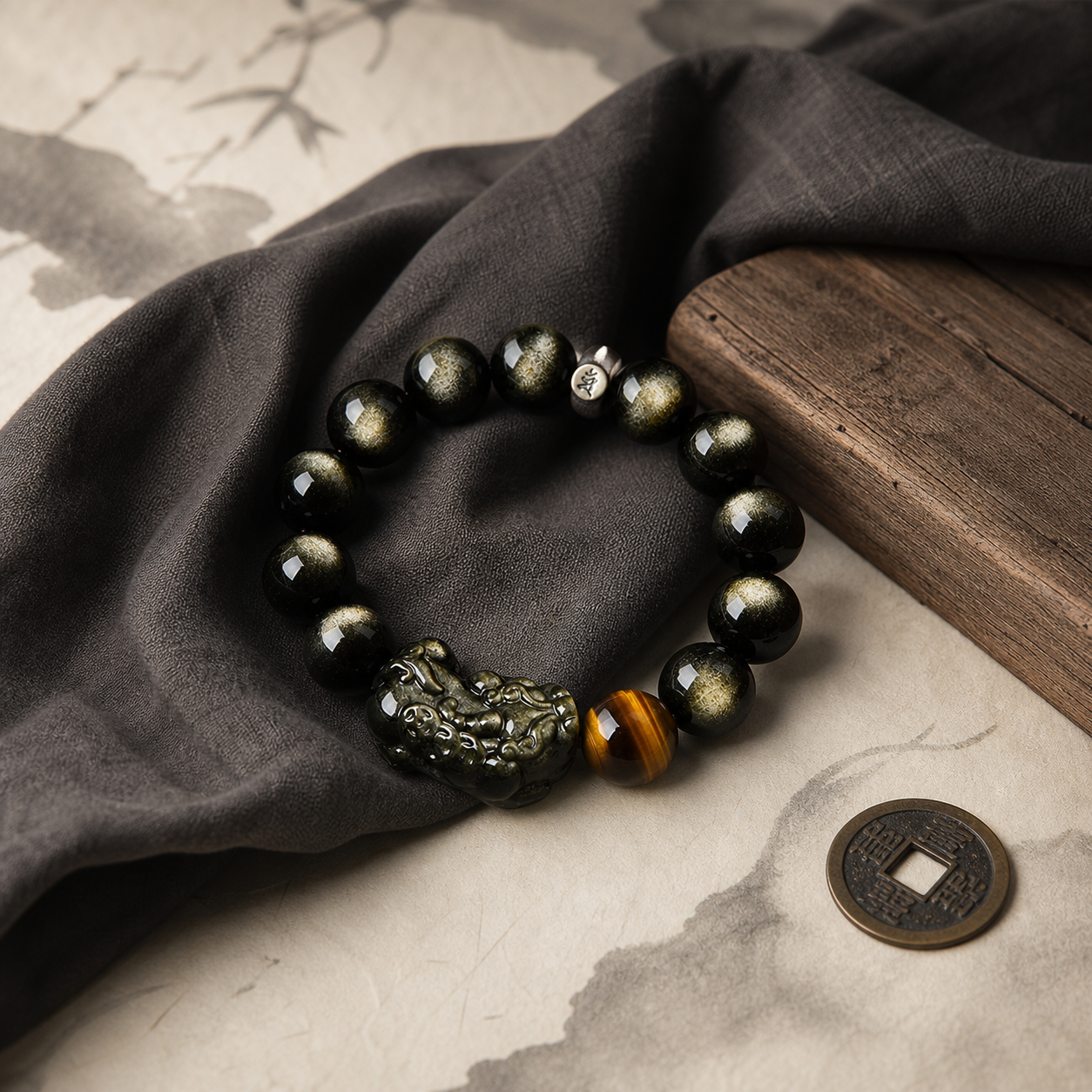 Black Obsidian Pixiu Wealth Bracelet — Zenara view 2