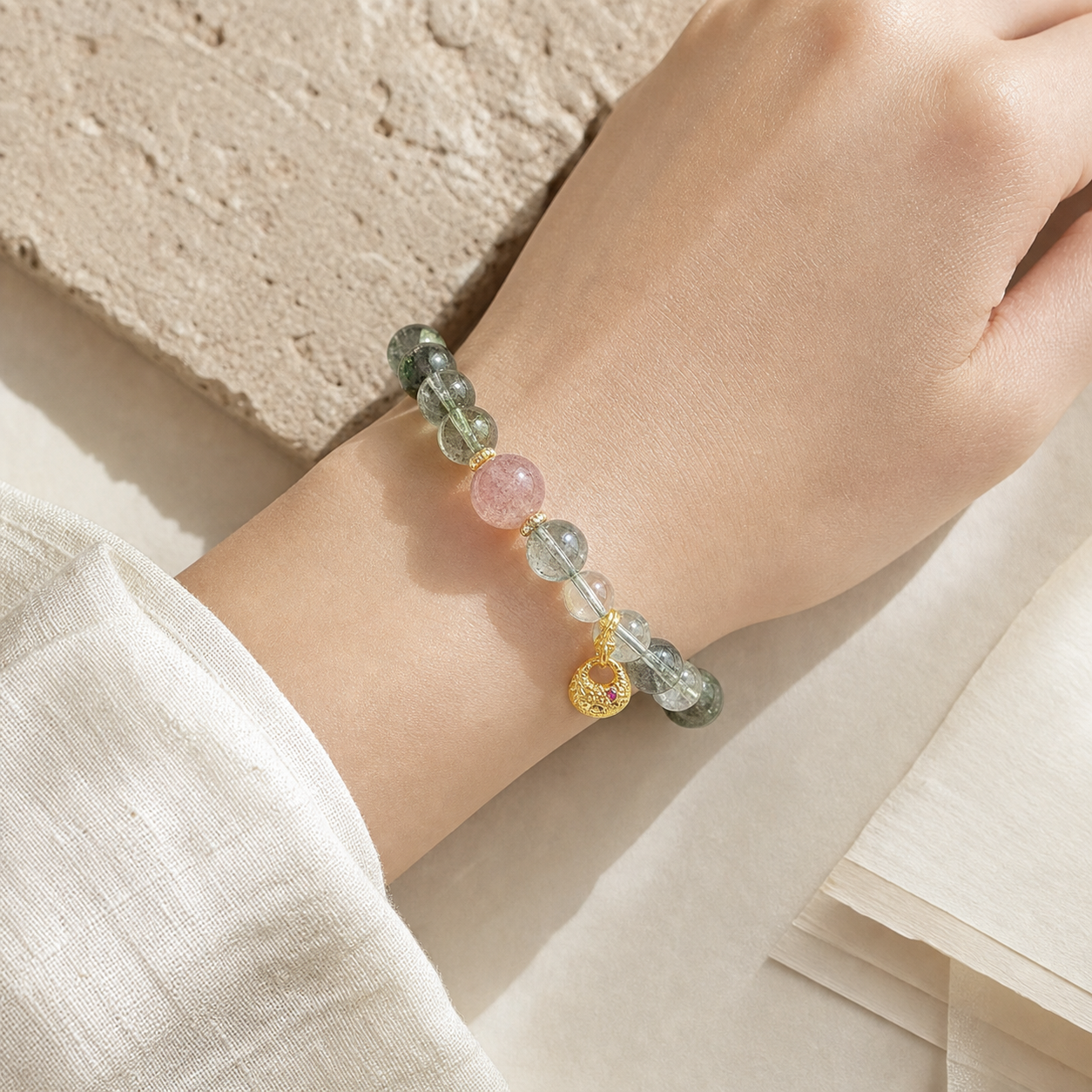 Green Glass Harmony Charm Bracelet — Zenara view 4