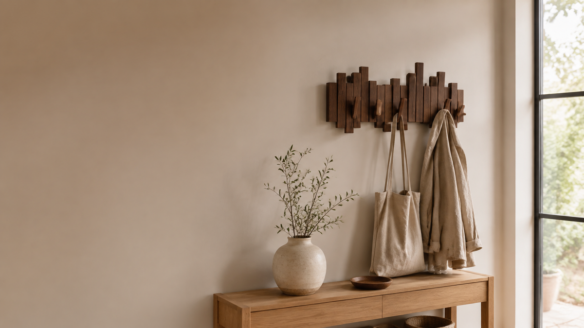 Walnut piano-key wall hooks in an organized warm modern entryway