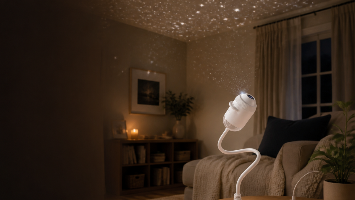USB star projector creating a cozy starry ceiling in a warm modern living room